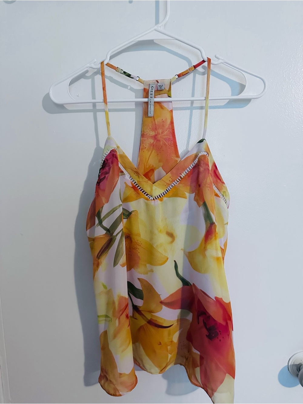 Guess Floral Yellow Orange Pink Silk Cami Top